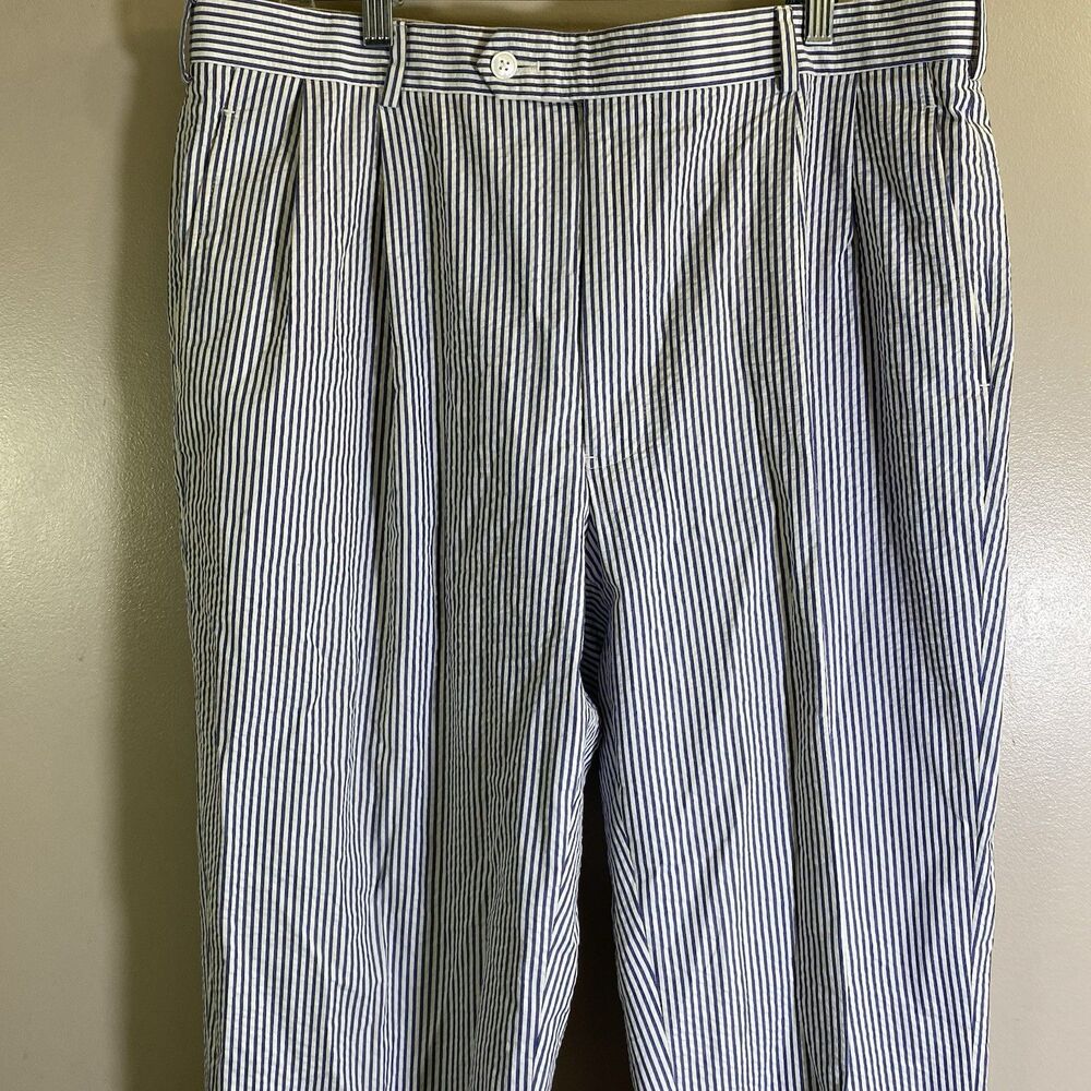 Brooks Brothers Pants Mens 36x30  Blue Seersucker Striped Pleated Cuff Trousers